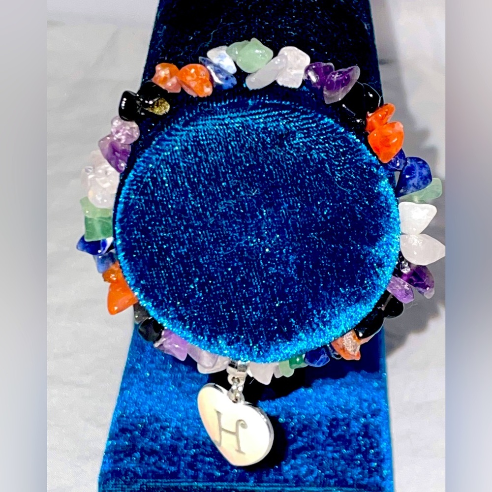 “H” initial silver charm, rocks, gemstone, chakra bracelet -stretchy elastic